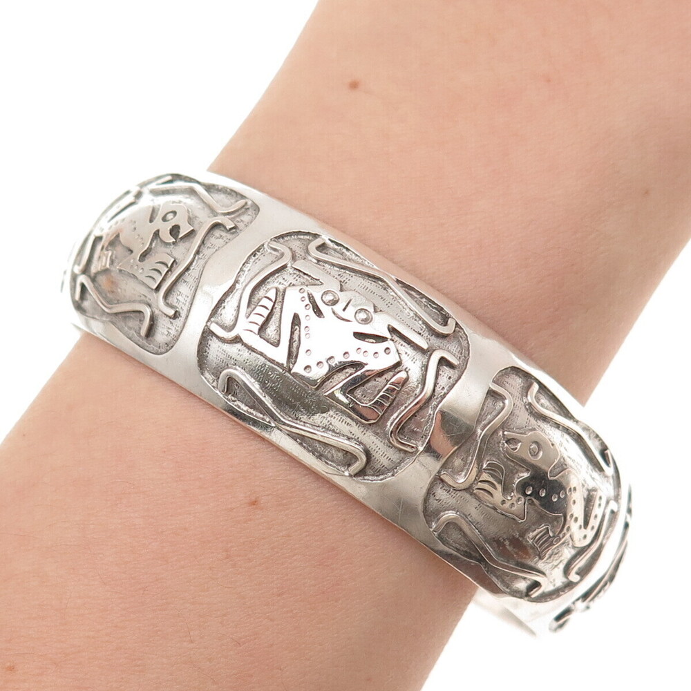 900 Silver Vintage Ecuador Tribal Animal Symbol Adjustable Bracelet 7.75"